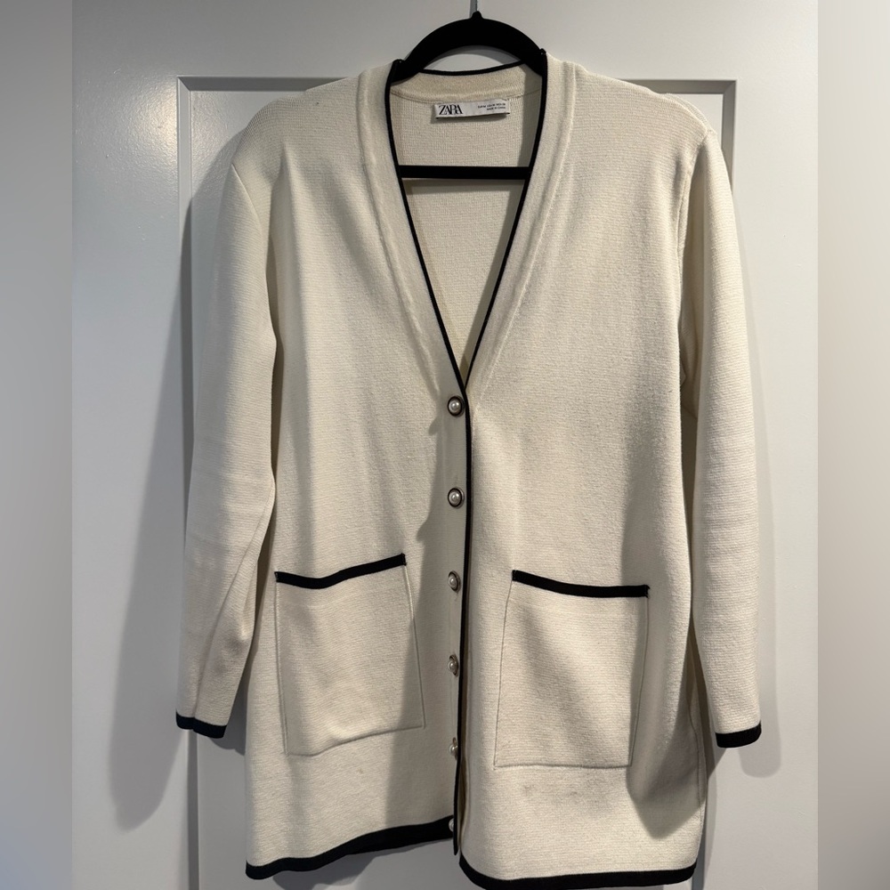 Zara Women's Cream Cardigan with Black Trim